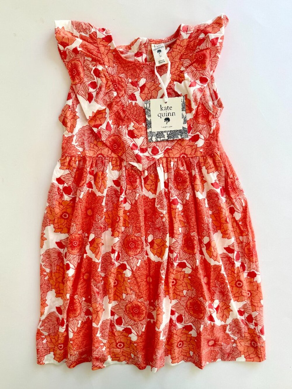NWT Kate Quinn Girls Floral Ruffle Dress Sz 3T Coral Red Modal